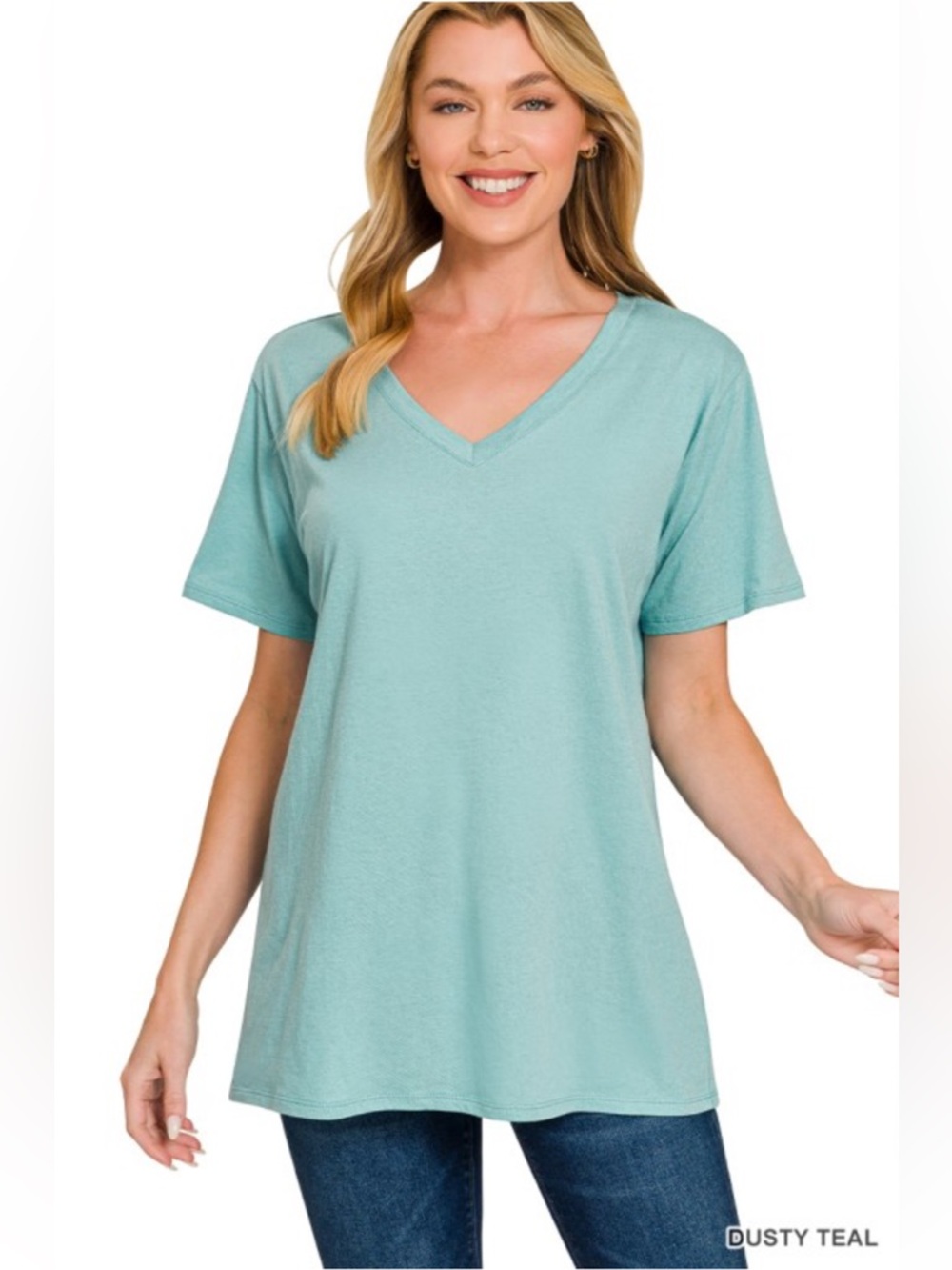 Zenana Cotton Dusty Teal V Neck Short Sleeve Tee Top